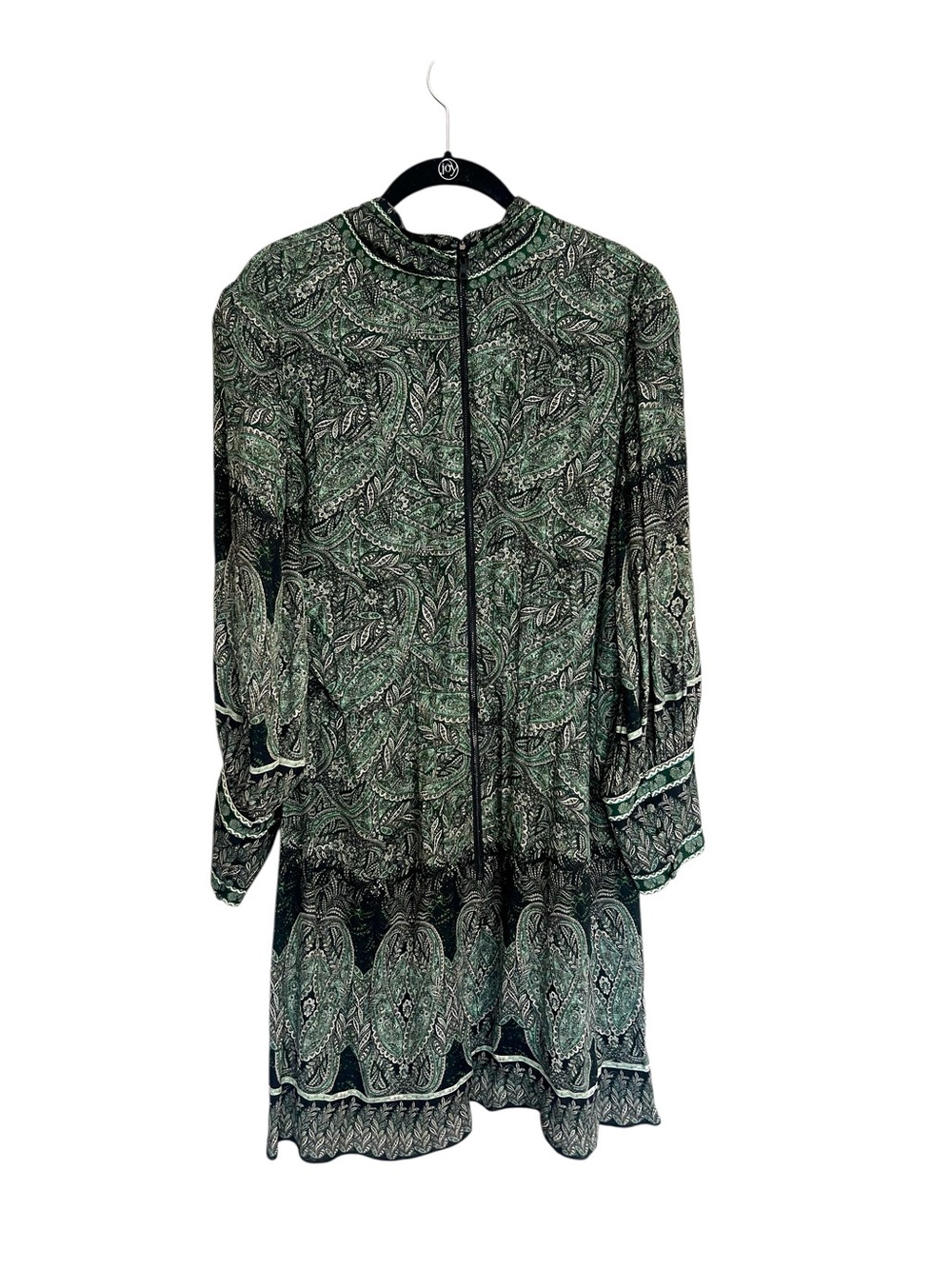 Alice & Olivia Tanisha long sleeve tie neck mini dress green paisley sz 14 - Picture 3 of 16